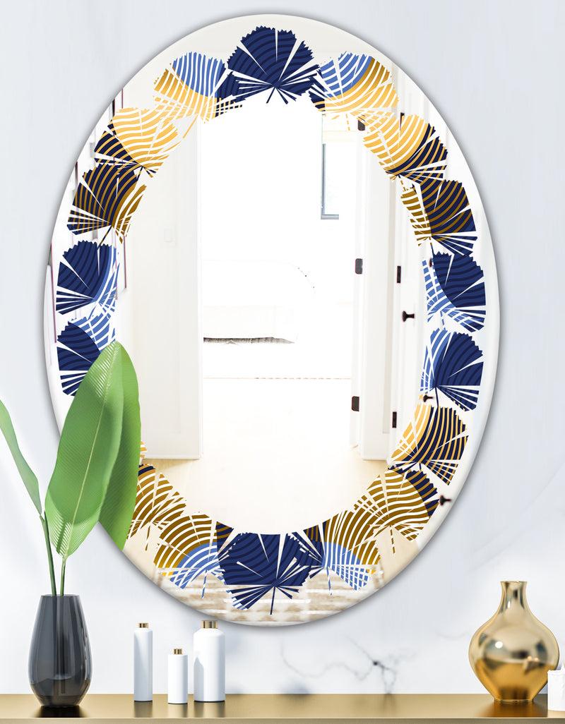 DesignQ Retro Luxury Waves In Gold And Blue II - Modern Round Or Oval Wall Mirror - Leaves