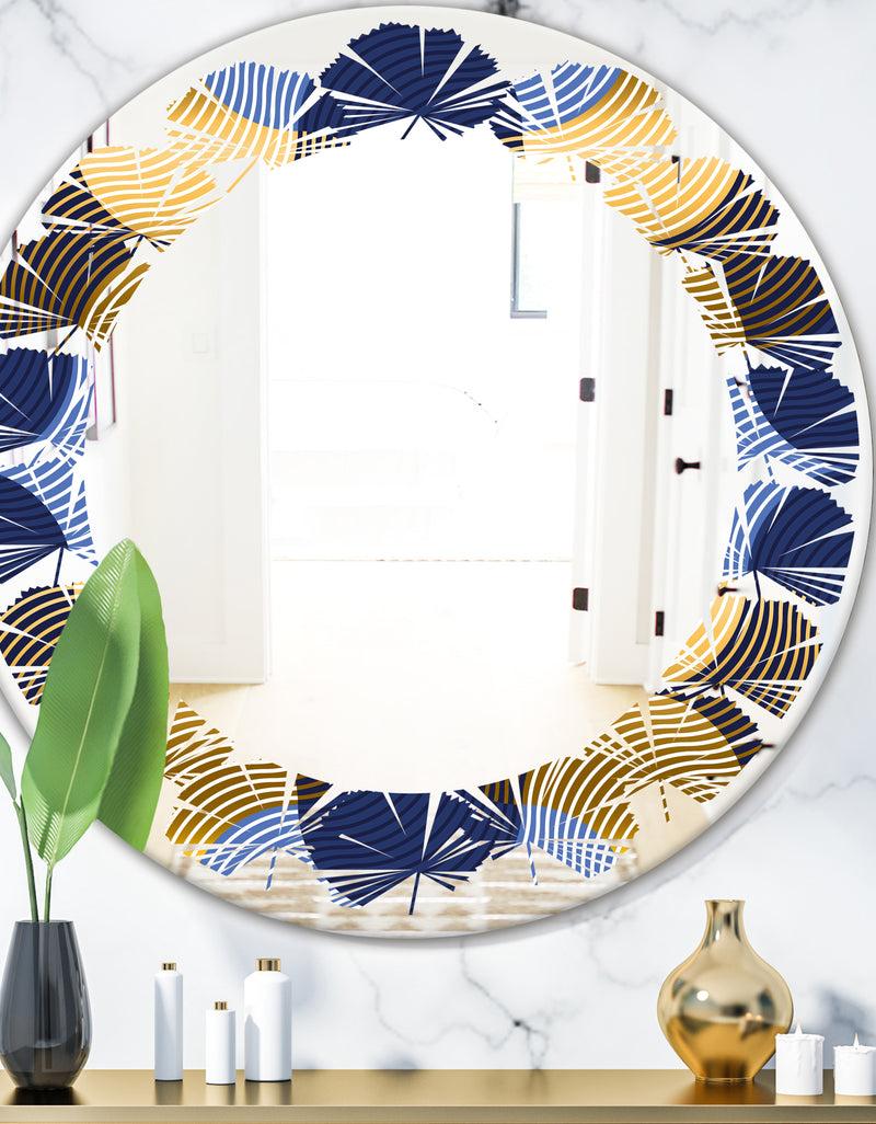 DesignQ Retro Luxury Waves In Gold and Blue II - Modern Round or Oval Wall Mirror - Leaves