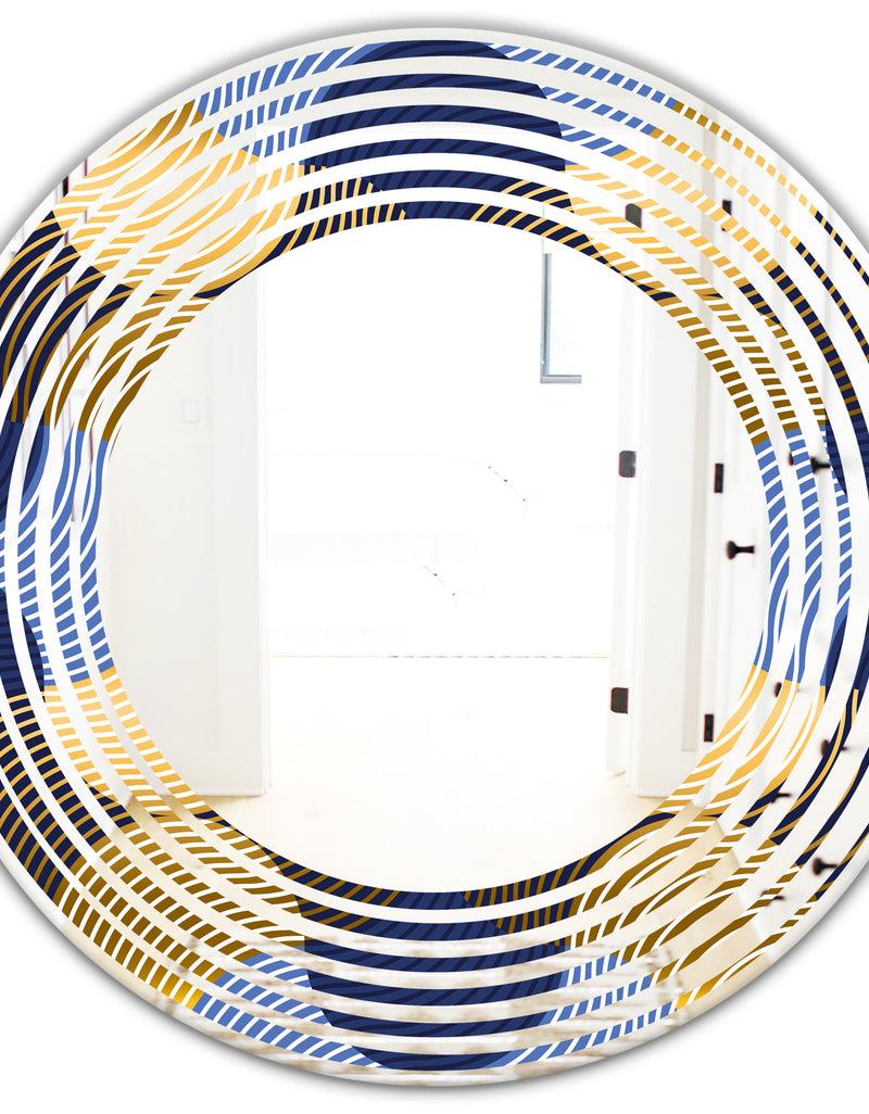 DesignQ Retro Luxury Waves In Gold And Blue II - Modern Round Or Oval Wall Mirror - Wave