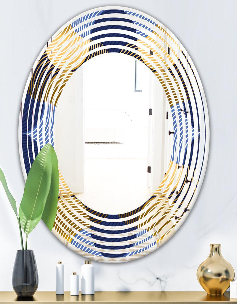DesignQ Retro Luxury Waves In Gold And Blue II - Modern Round Or Oval Wall Mirror - Wave
