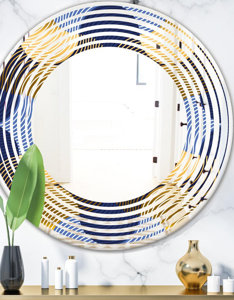 DesignQ Retro Luxury Waves In Gold and Blue II - Modern Round or Oval Wall Mirror - Wave