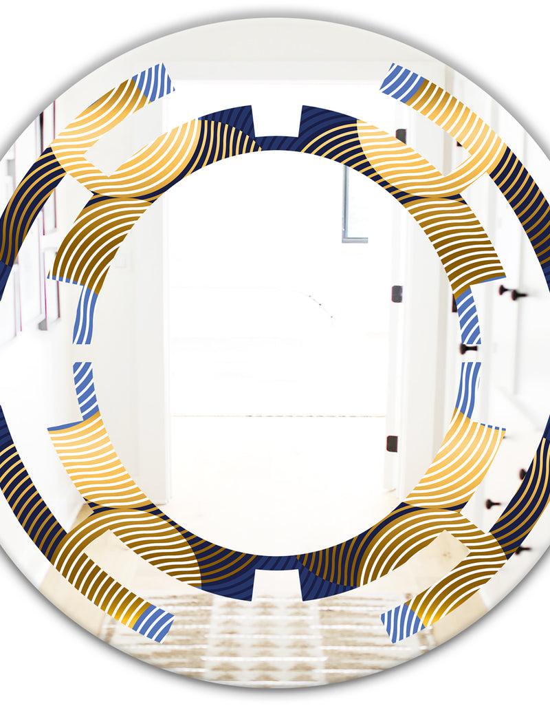DesignQ Retro Luxury Waves In Gold And Blue II - Modern Round Or Oval Wall Mirror - Space