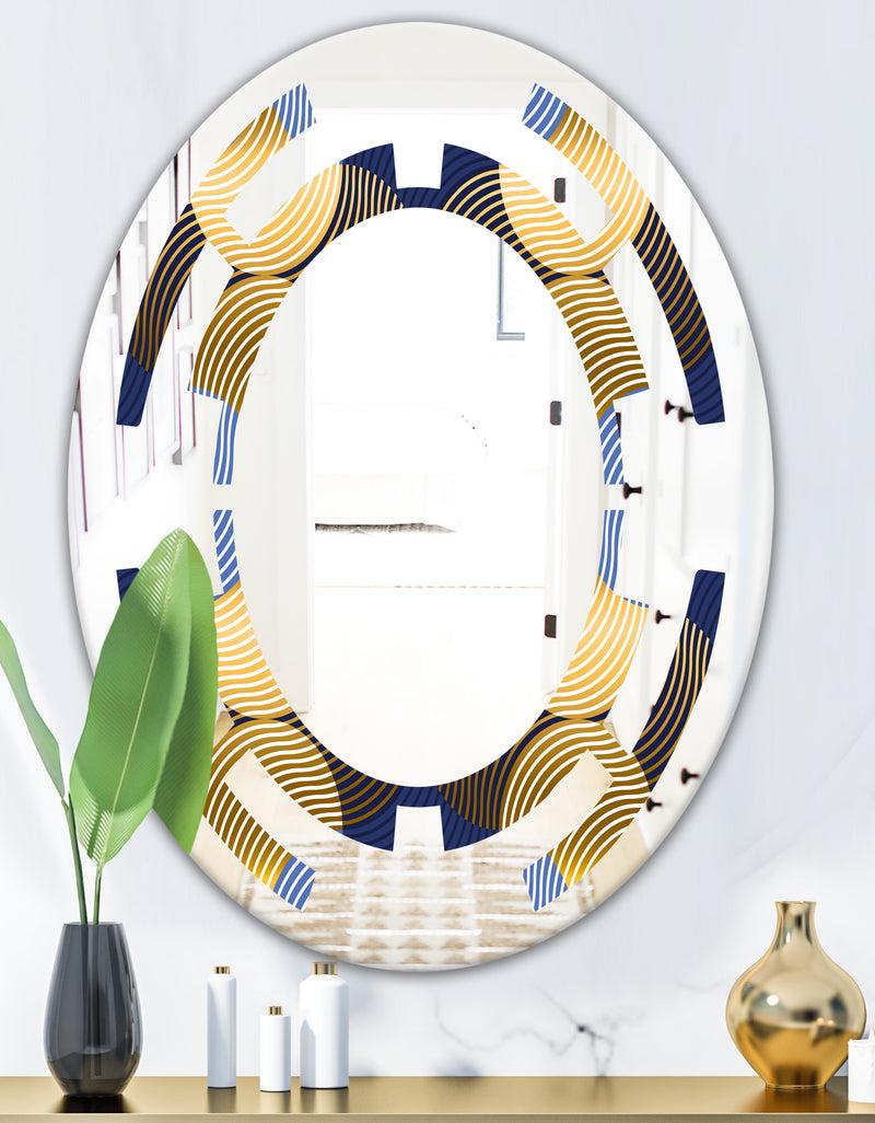 DesignQ Retro Luxury Waves In Gold And Blue II - Modern Round Or Oval Wall Mirror - Space