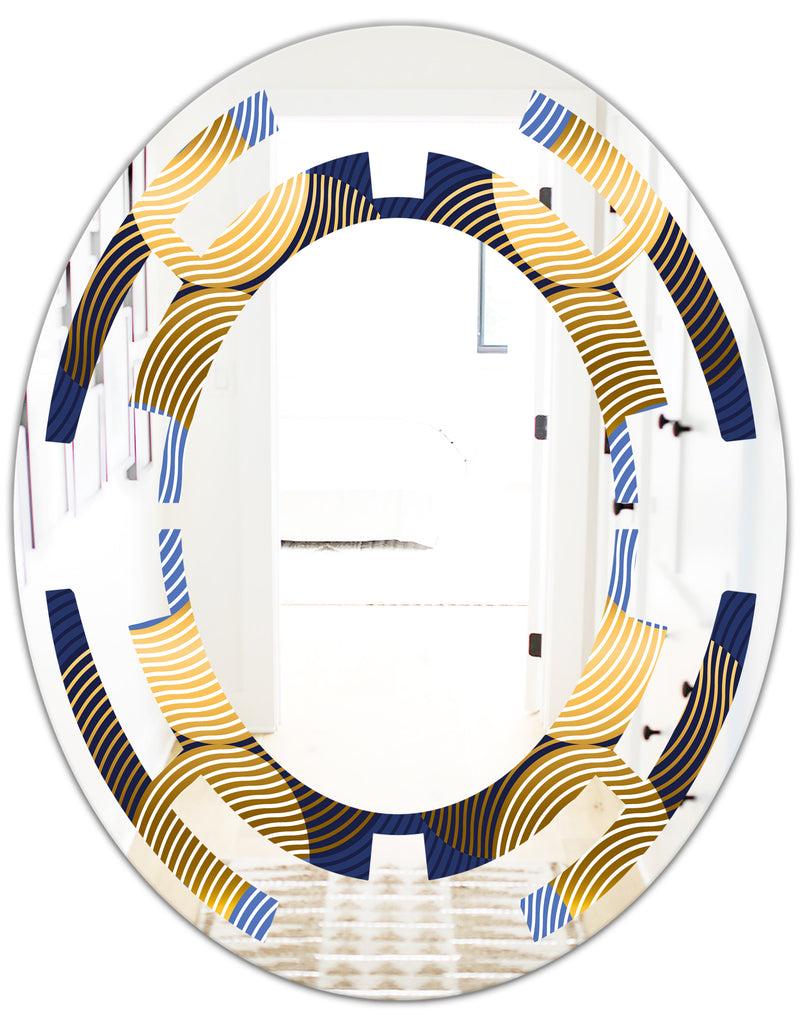 DesignQ Retro Luxury Waves In Gold And Blue II - Modern Round Or Oval Wall Mirror - Space