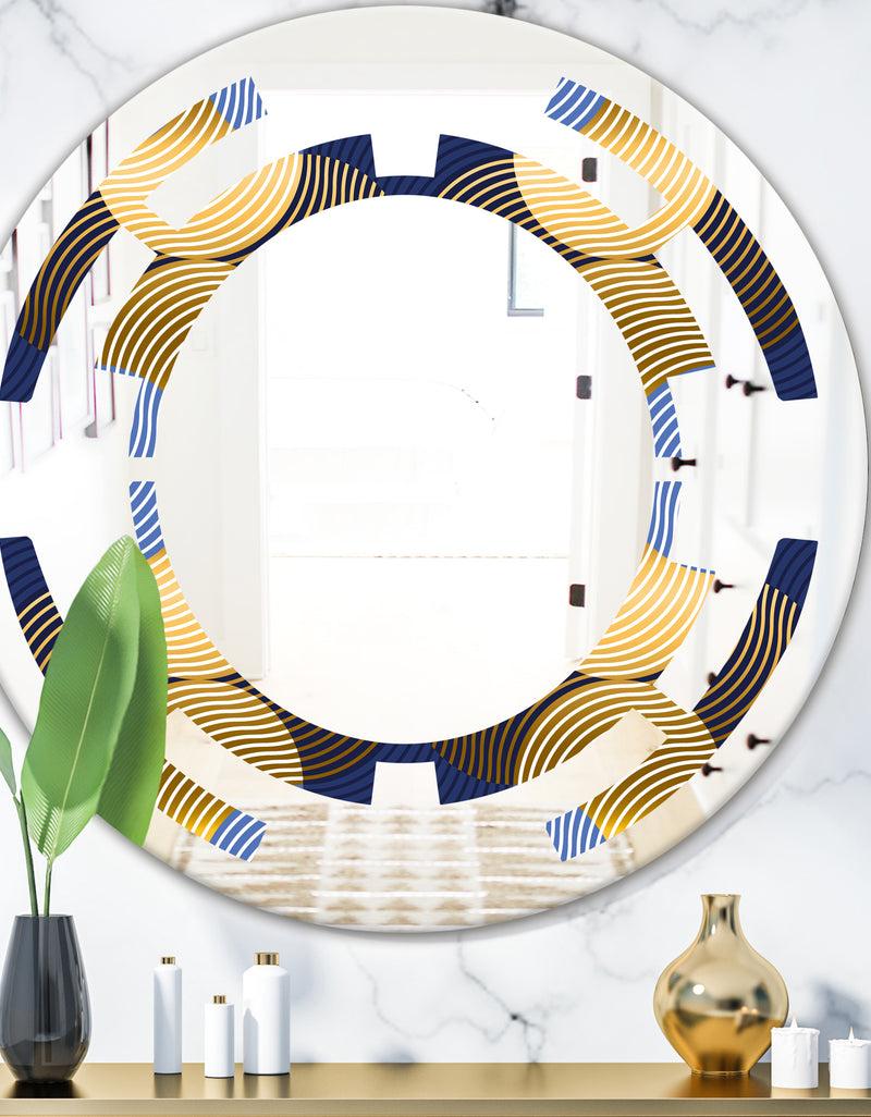 DesignQ Retro Luxury Waves In Gold and Blue II - Modern Round or Oval Wall Mirror - Space