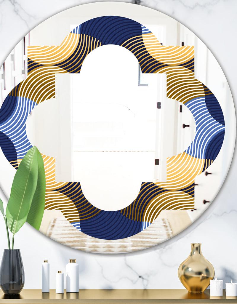 DesignQ Retro Luxury Waves In Gold and Blue II - Modern Round or Oval Wall Mirror - Quatrefoil
