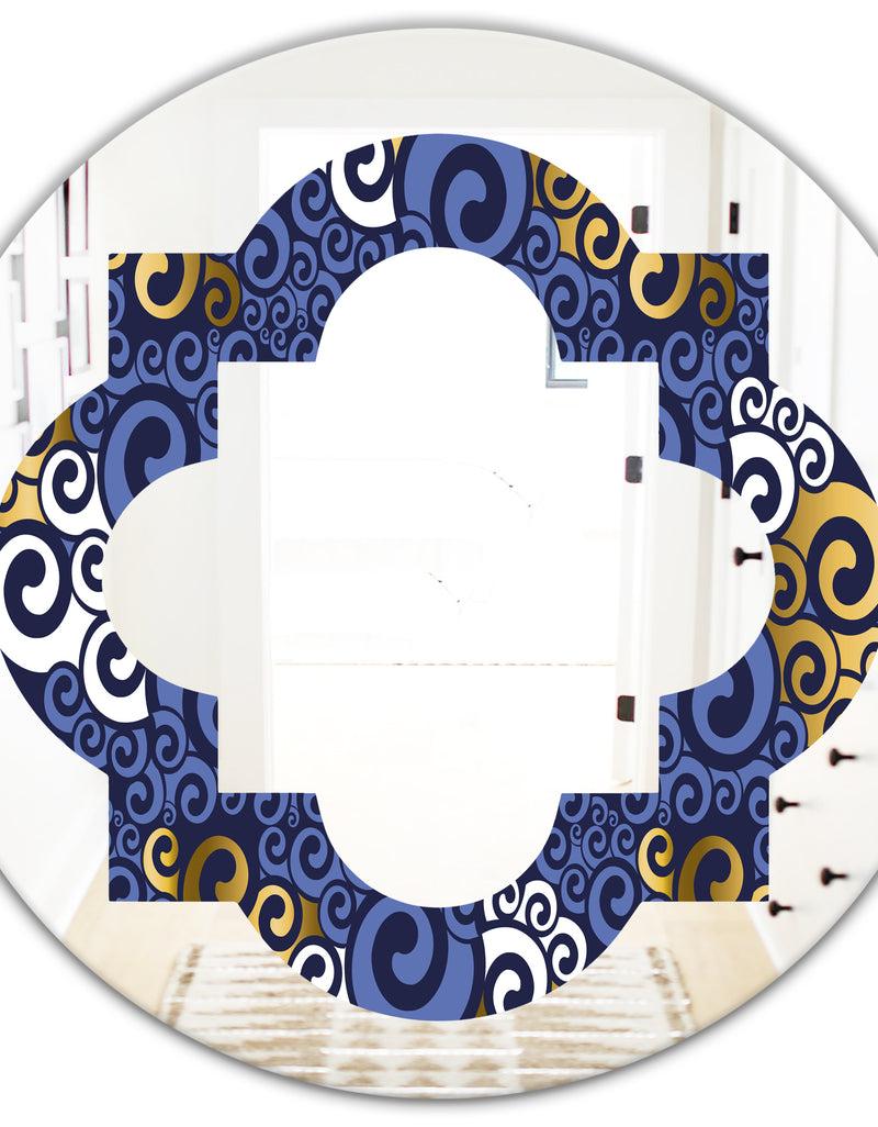 DesignQ Retro Luxury Waves In Gold And Blue III - Modern Round Or Oval Wall Mirror - Quatrefoil