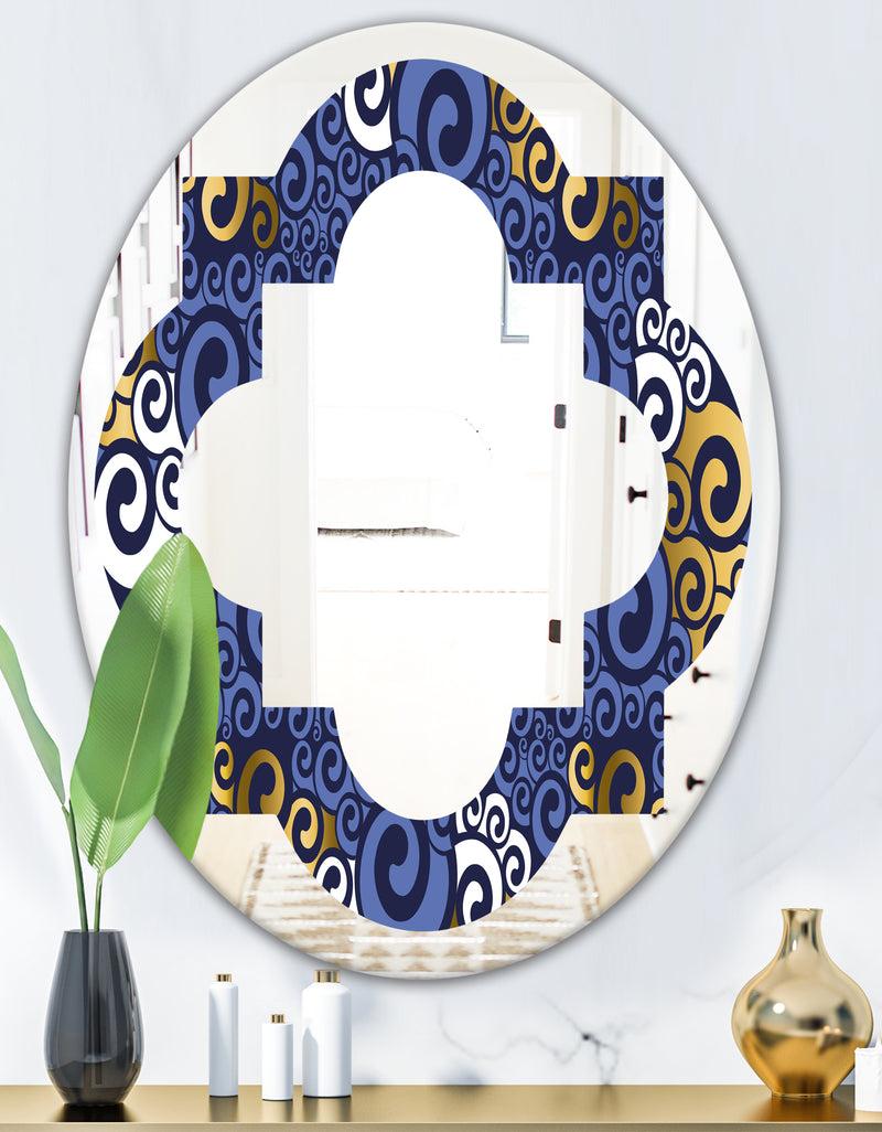 DesignQ Retro Luxury Waves In Gold And Blue III - Modern Round Or Oval Wall Mirror - Quatrefoil