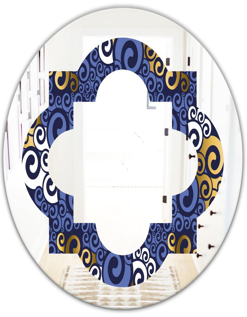 DesignQ Retro Luxury Waves In Gold And Blue III - Modern Round Or Oval Wall Mirror - Quatrefoil