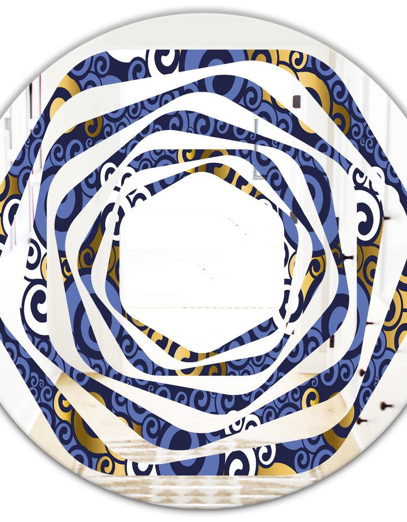 DesignQ Retro Luxury Waves In Gold And Blue III - Modern Round Or Oval Wall Mirror - Whirl