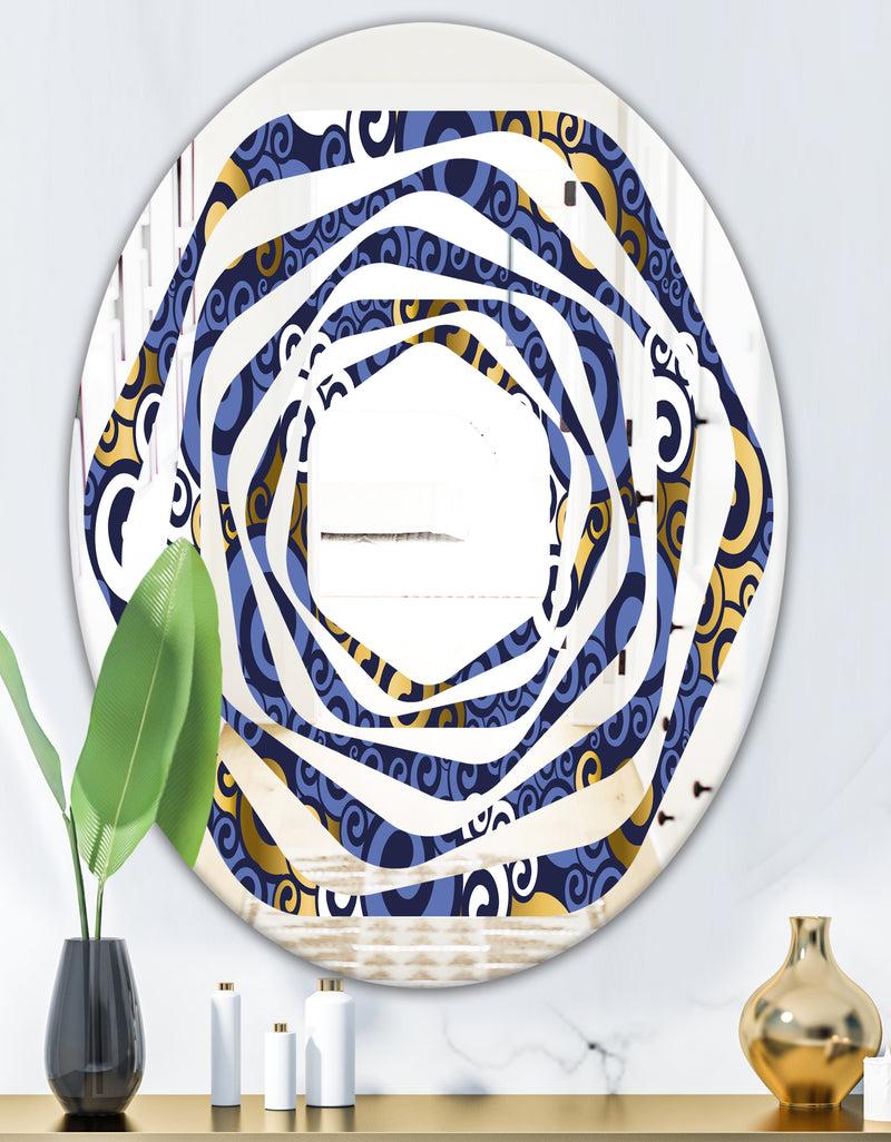 DesignQ Retro Luxury Waves In Gold And Blue III - Modern Round Or Oval Wall Mirror - Whirl