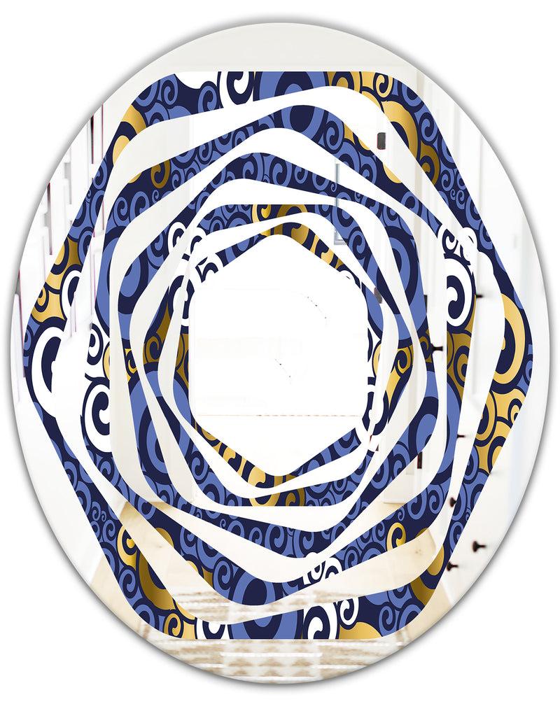 DesignQ Retro Luxury Waves In Gold And Blue III - Modern Round Or Oval Wall Mirror - Whirl