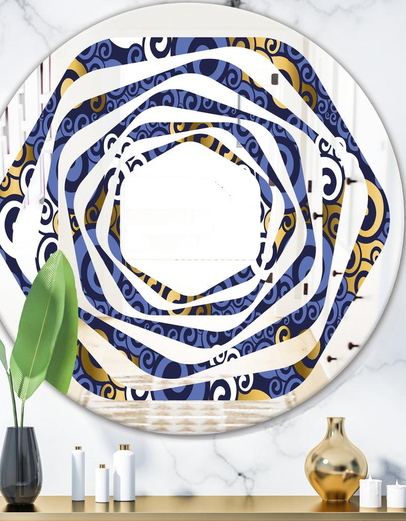 DesignQ Retro Luxury Waves In Gold and Blue III - Modern Round or Oval Wall Mirror - Whirl