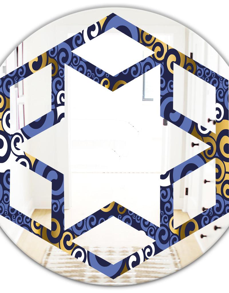 DesignQ Retro Luxury Waves In Gold And Blue III - Modern Round Or Oval Wall Mirror - Hexagon Star