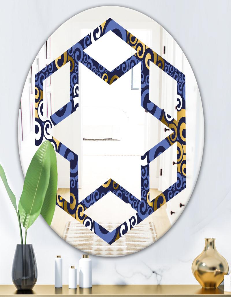 DesignQ Retro Luxury Waves In Gold And Blue III - Modern Round Or Oval Wall Mirror - Hexagon Star