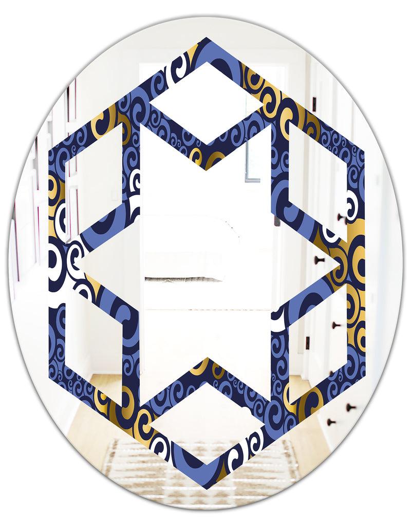 DesignQ Retro Luxury Waves In Gold And Blue III - Modern Round Or Oval Wall Mirror - Hexagon Star