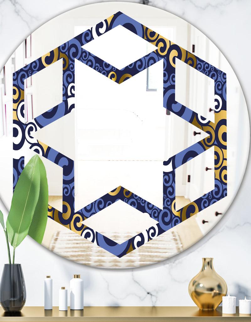 DesignQ Retro Luxury Waves In Gold and Blue III - Modern Round or Oval Wall Mirror - Hexagon Star