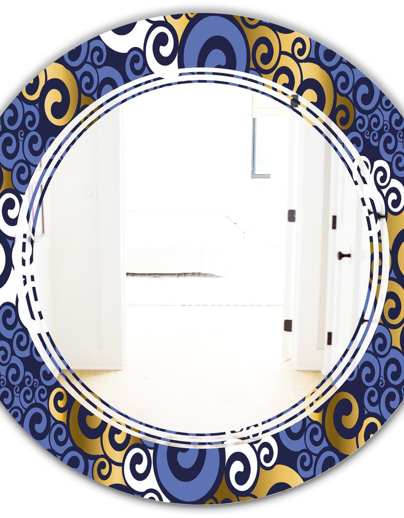 DesignQ Retro Luxury Waves In Gold And Blue III - Modern Round Or Oval Wall Mirror - Triple C