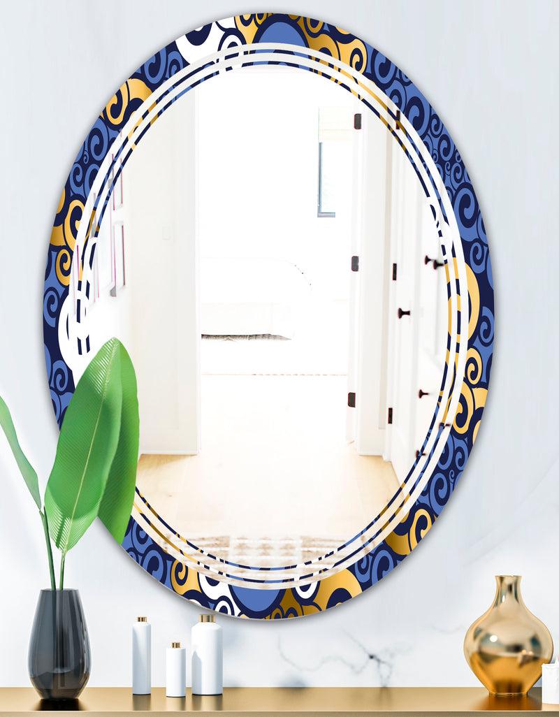 DesignQ Retro Luxury Waves In Gold And Blue III - Modern Round Or Oval Wall Mirror - Triple C