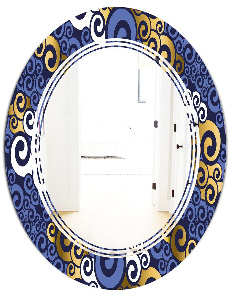 DesignQ Retro Luxury Waves In Gold And Blue III - Modern Round Or Oval Wall Mirror - Triple C