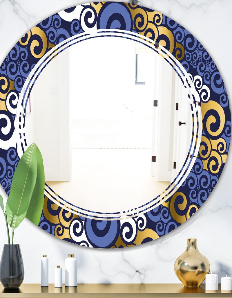 DesignQ Retro Luxury Waves In Gold and Blue III - Modern Round or Oval Wall Mirror - Triple C