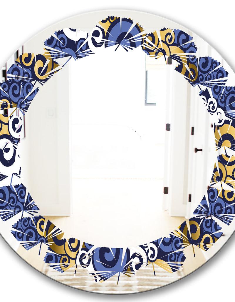 DesignQ Retro Luxury Waves In Gold And Blue III - Modern Round Or Oval Wall Mirror - Leaves