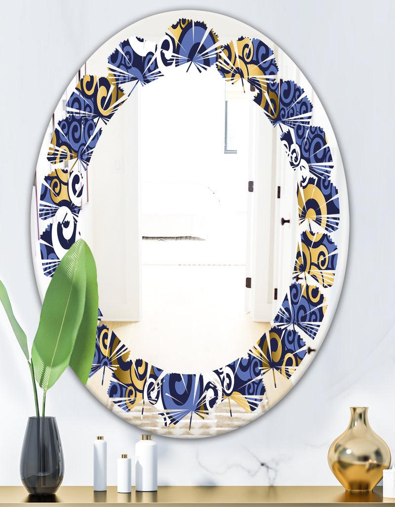 DesignQ Retro Luxury Waves In Gold And Blue III - Modern Round Or Oval Wall Mirror - Leaves