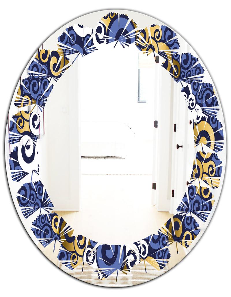 DesignQ Retro Luxury Waves In Gold And Blue III - Modern Round Or Oval Wall Mirror - Leaves
