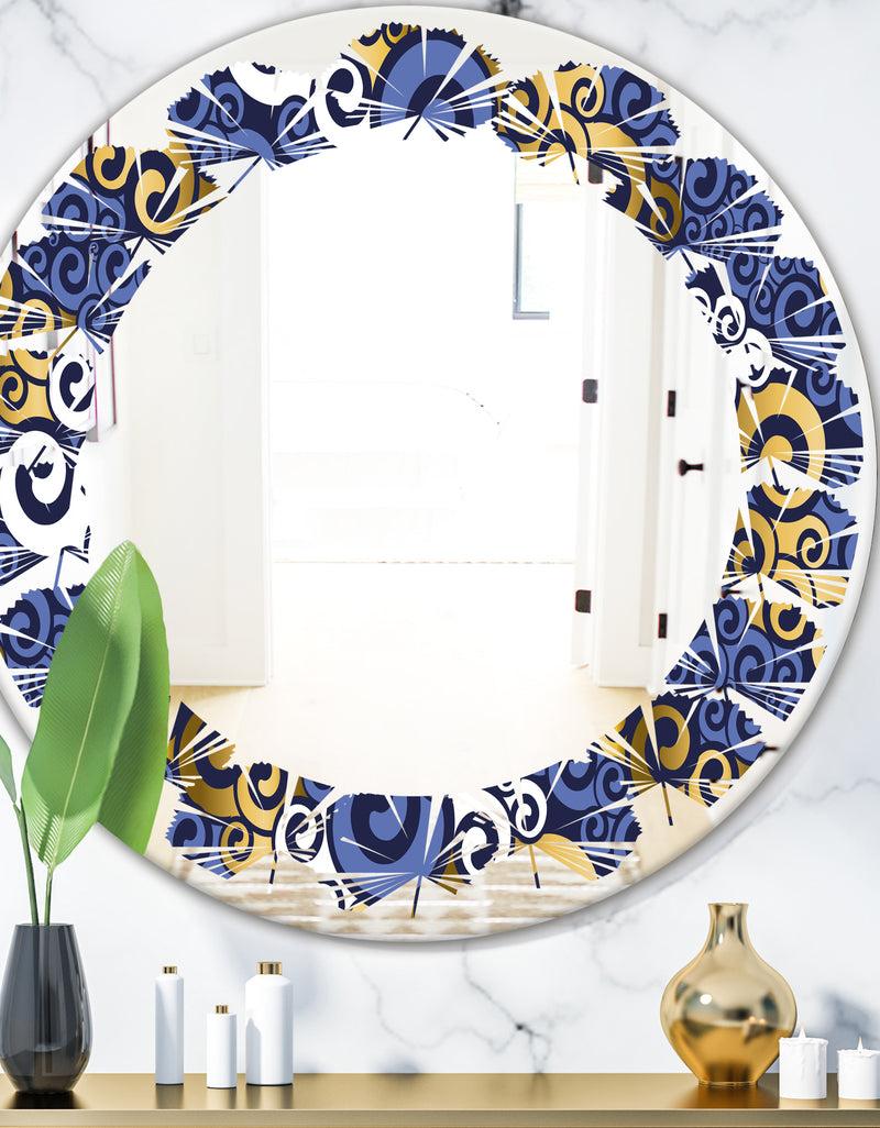 DesignQ Retro Luxury Waves In Gold and Blue III - Modern Round or Oval Wall Mirror - Leaves