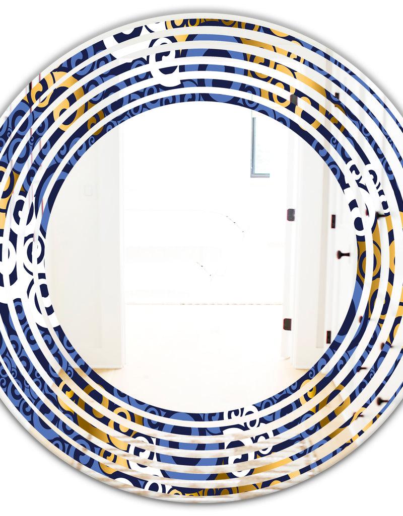 DesignQ Retro Luxury Waves In Gold And Blue III - Modern Round Or Oval Wall Mirror - Wave