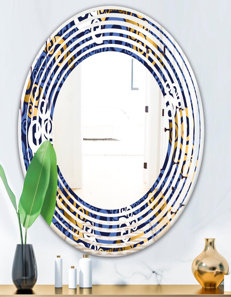 DesignQ Retro Luxury Waves In Gold And Blue III - Modern Round Or Oval Wall Mirror - Wave