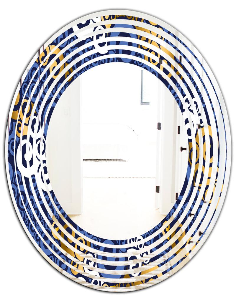 DesignQ Retro Luxury Waves In Gold And Blue III - Modern Round Or Oval Wall Mirror - Wave