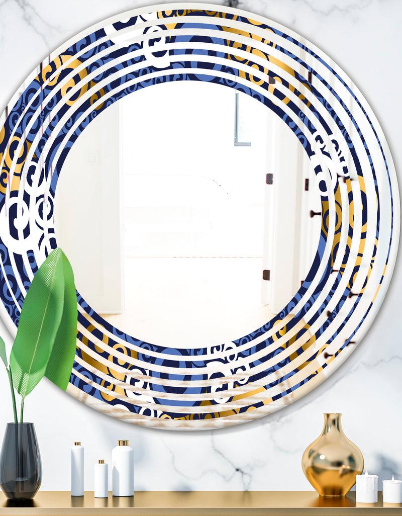 DesignQ Retro Luxury Waves In Gold and Blue III - Modern Round or Oval Wall Mirror - Wave
