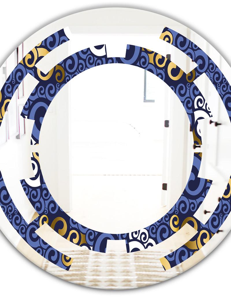 DesignQ Retro Luxury Waves In Gold And Blue III - Modern Round Or Oval Wall Mirror - Space