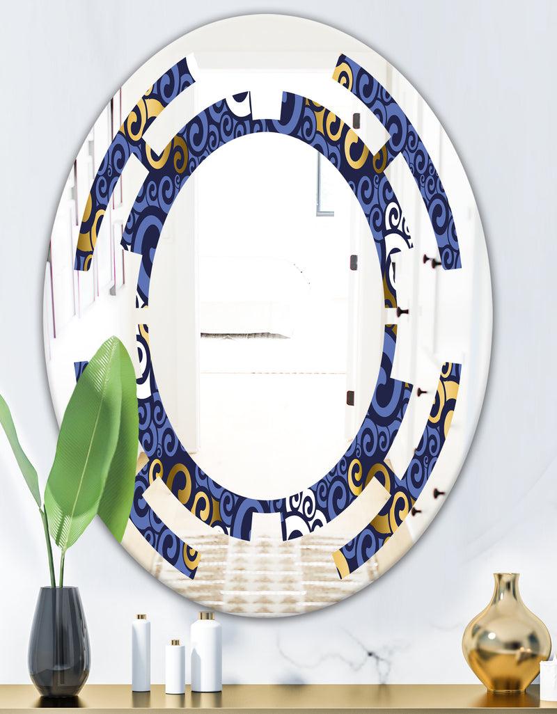 DesignQ Retro Luxury Waves In Gold And Blue III - Modern Round Or Oval Wall Mirror - Space