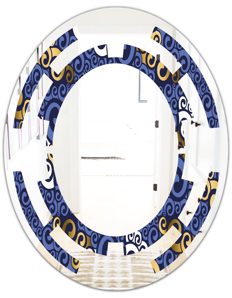DesignQ Retro Luxury Waves In Gold And Blue III - Modern Round Or Oval Wall Mirror - Space