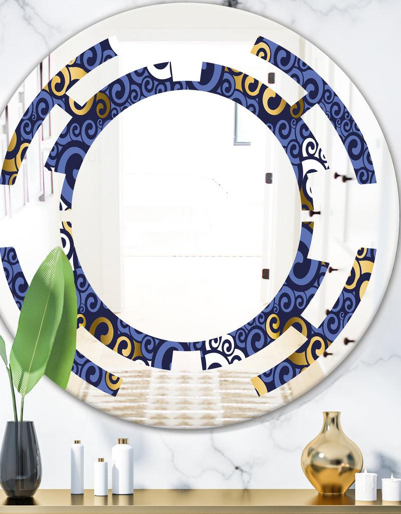 DesignQ Retro Luxury Waves In Gold and Blue III - Modern Round or Oval Wall Mirror - Space