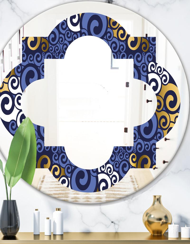 DesignQ Retro Luxury Waves In Gold and Blue III - Modern Round or Oval Wall Mirror - Quatrefoil