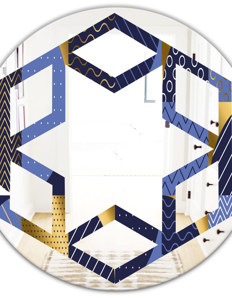 DesignQ Retro Luxury Waves In Gold And Blue IV - Modern Round Or Oval Wall Mirror - Hexagon Star