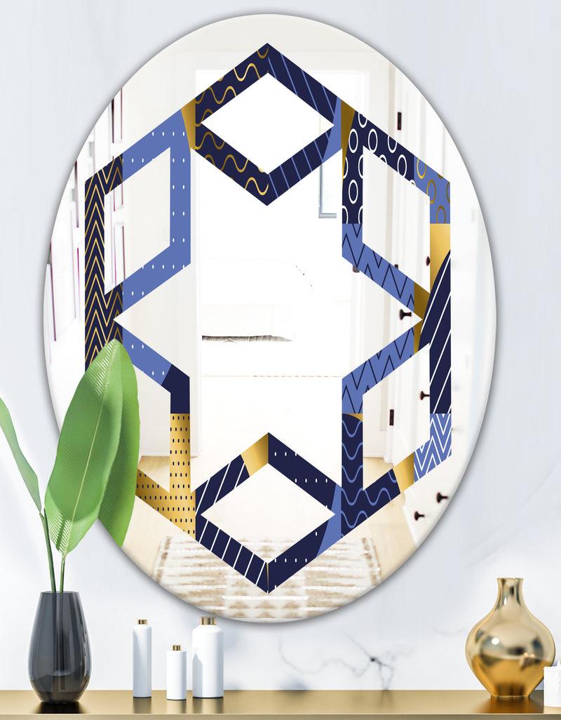 DesignQ Retro Luxury Waves In Gold And Blue IV - Modern Round Or Oval Wall Mirror - Hexagon Star
