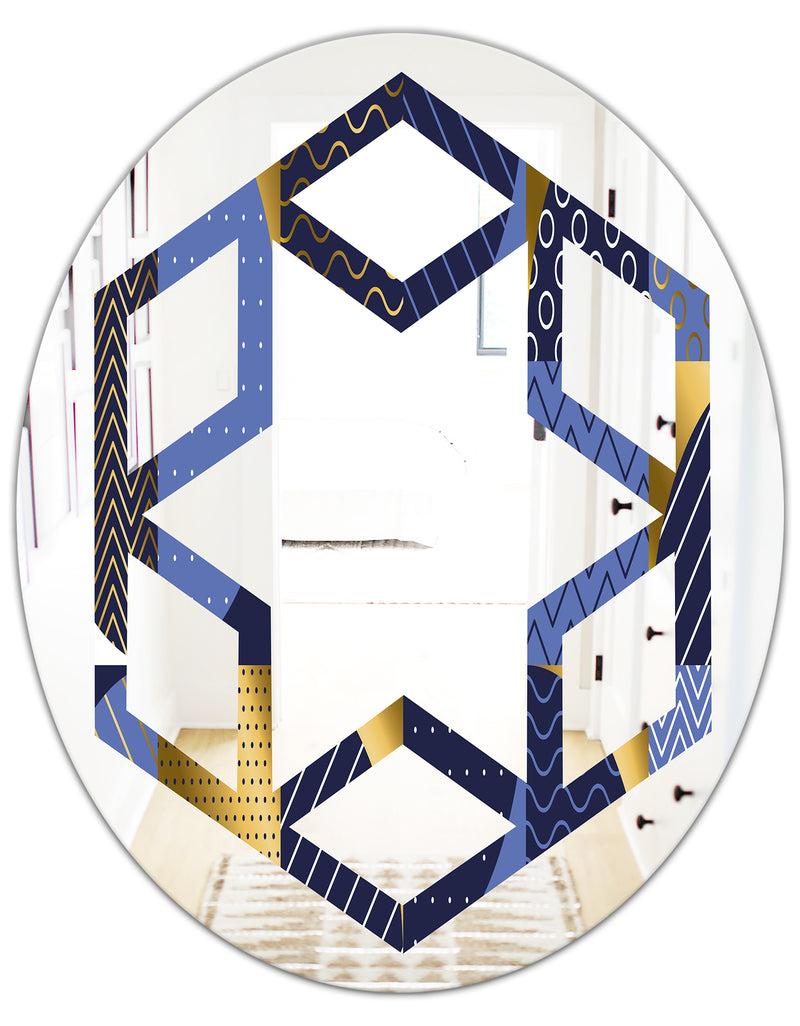 DesignQ Retro Luxury Waves In Gold And Blue IV - Modern Round Or Oval Wall Mirror - Hexagon Star