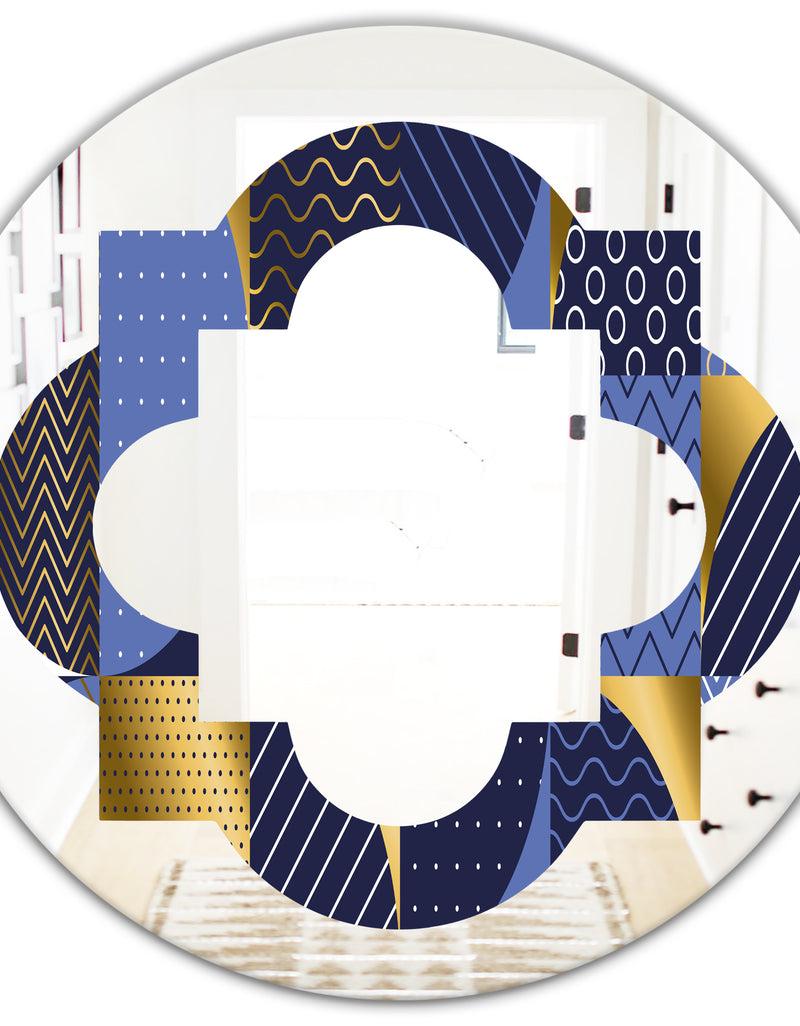 DesignQ Retro Luxury Waves In Gold And Blue IV - Modern Round Or Oval Wall Mirror - Quatrefoil