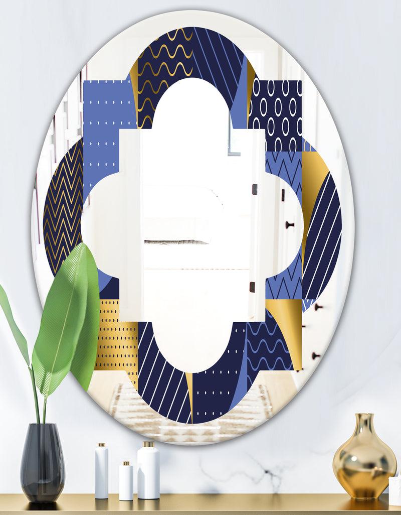 DesignQ Retro Luxury Waves In Gold And Blue IV - Modern Round Or Oval Wall Mirror - Quatrefoil