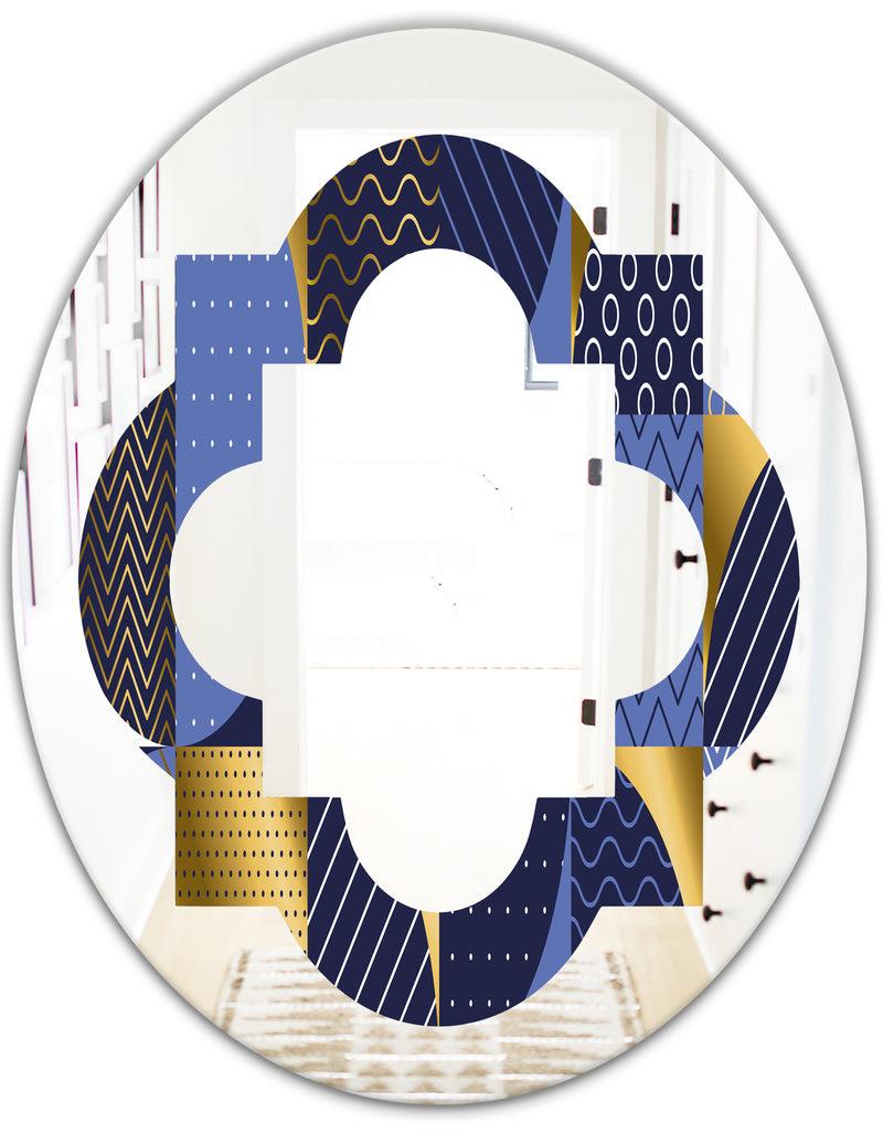 DesignQ Retro Luxury Waves In Gold And Blue IV - Modern Round Or Oval Wall Mirror - Quatrefoil