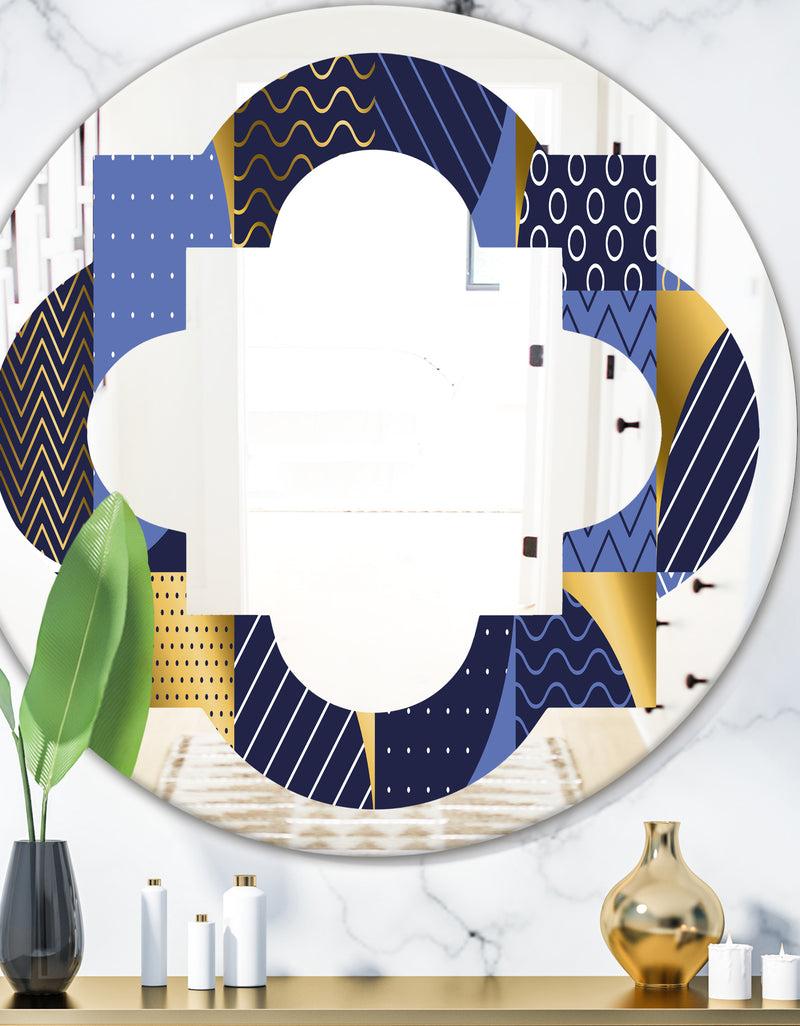 DesignQ Retro Luxury Waves In Gold and Blue IV - Modern Round or Oval Wall Mirror - Quatrefoil