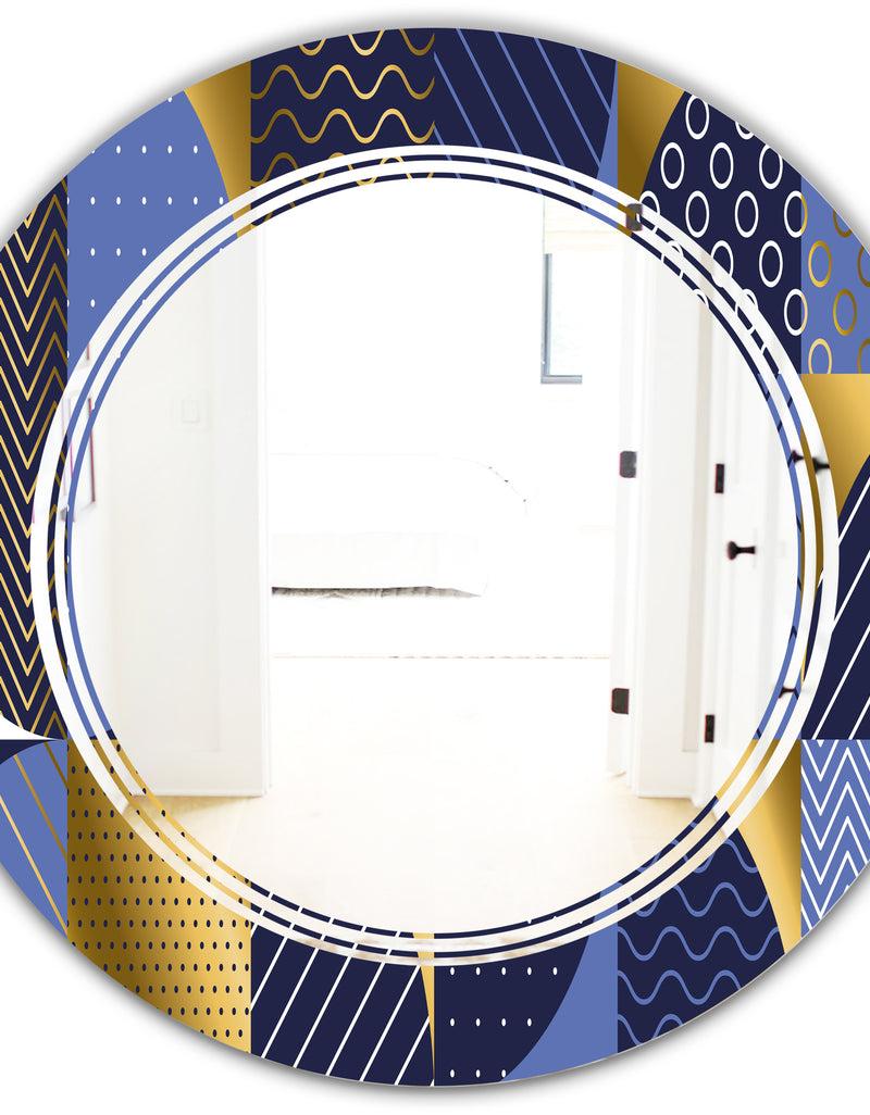DesignQ Retro Luxury Waves In Gold And Blue IV - Modern Round Or Oval Wall Mirror - Triple C