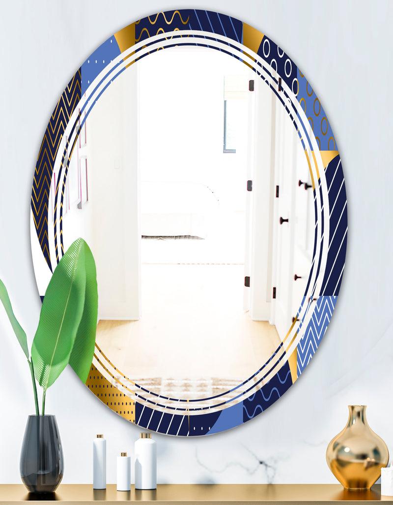 DesignQ Retro Luxury Waves In Gold And Blue IV - Modern Round Or Oval Wall Mirror - Triple C