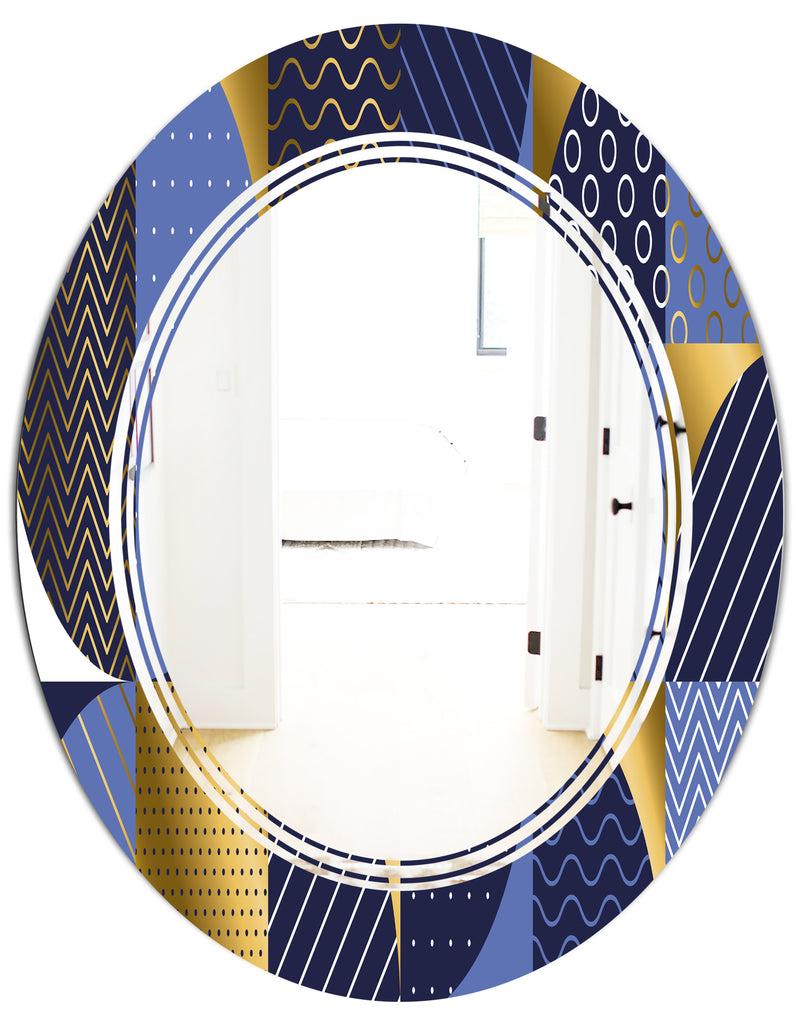 DesignQ Retro Luxury Waves In Gold And Blue IV - Modern Round Or Oval Wall Mirror - Triple C