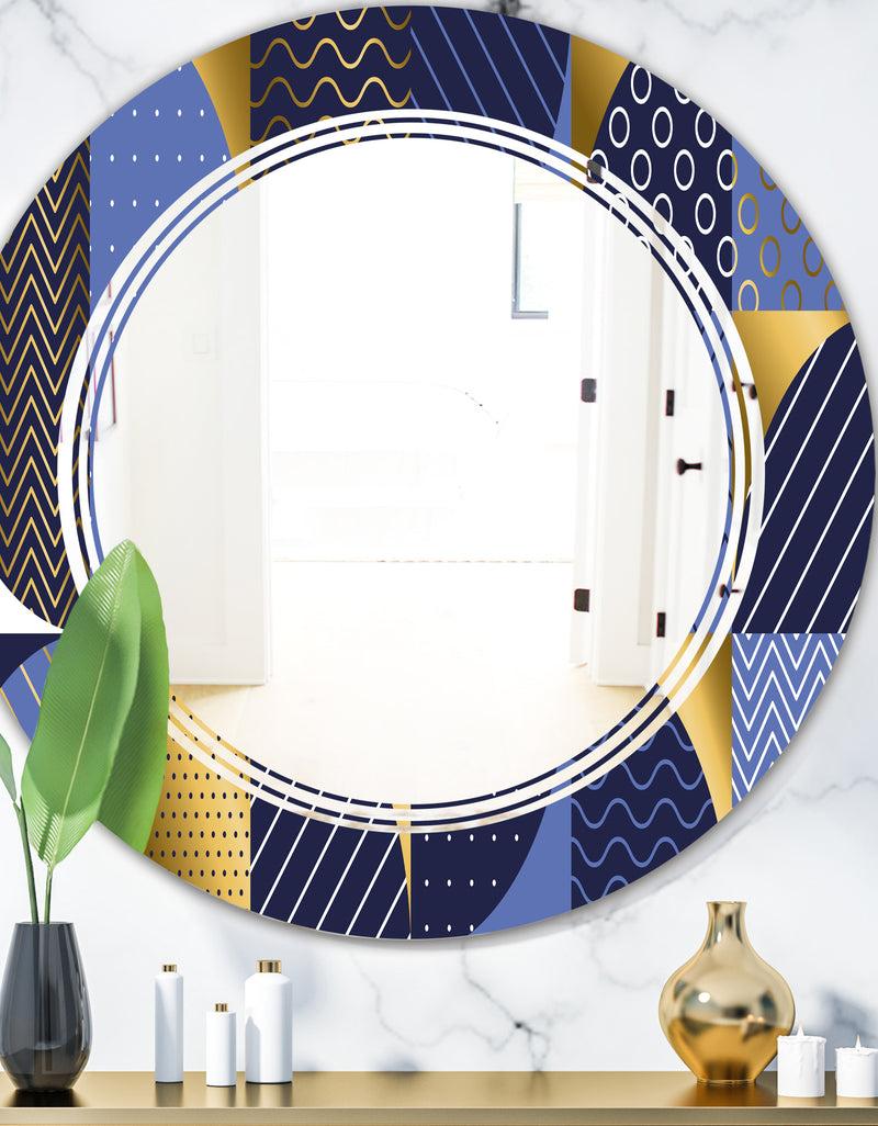 DesignQ Retro Luxury Waves In Gold and Blue IV - Modern Round or Oval Wall Mirror - Triple C