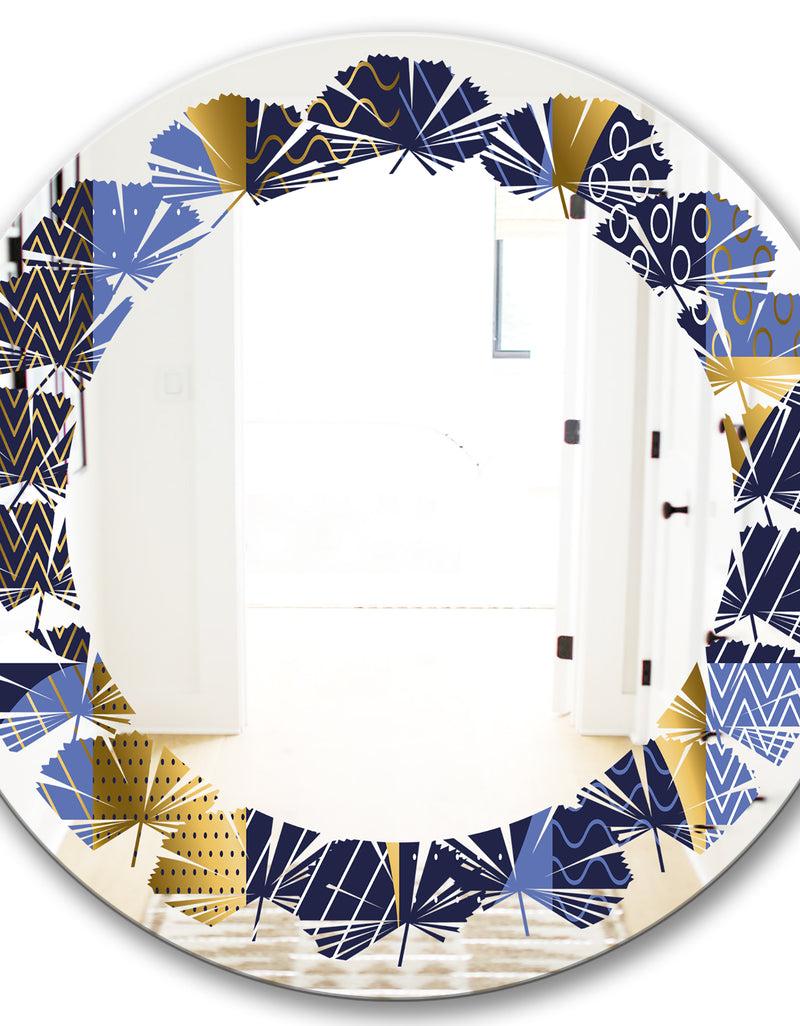 DesignQ Retro Luxury Waves In Gold And Blue IV - Modern Round Or Oval Wall Mirror - Leaves